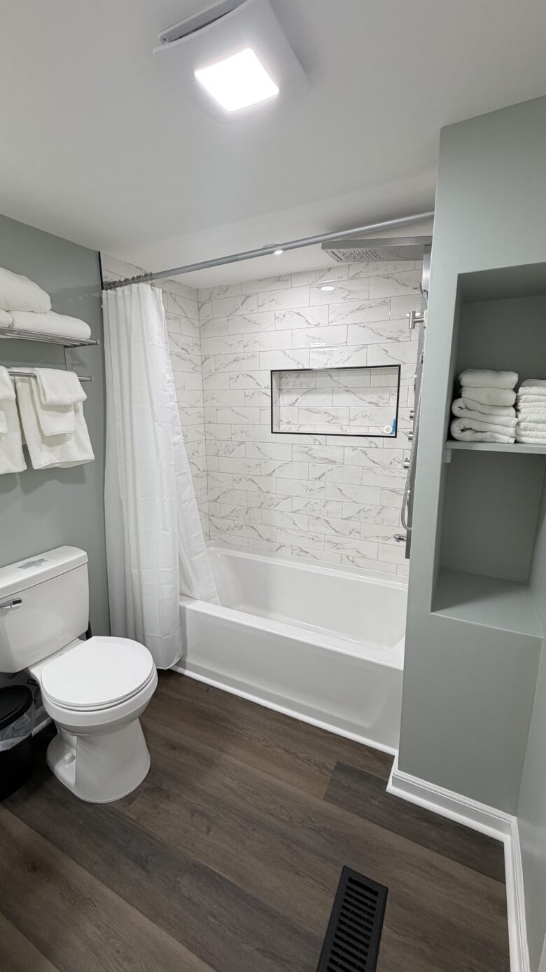 Beautiful remodeled bathroom with shower tower